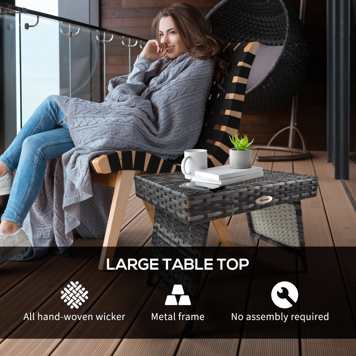 Outdoor Rattan Foldable End Table, Metal Frame Patio Wicker Table, Coffee Table Side Table for Poolside, Lawn, Garden, Mixed Grey