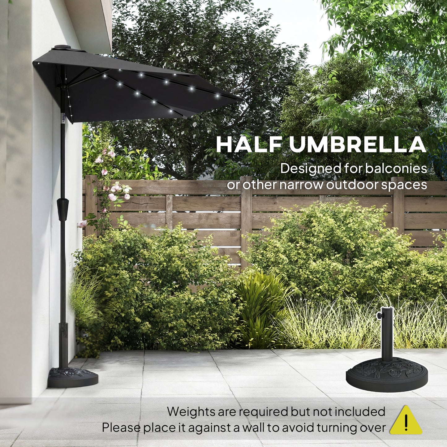 105.1" x 53.5" Black Half Patio Umbrella with Solar LED Lights