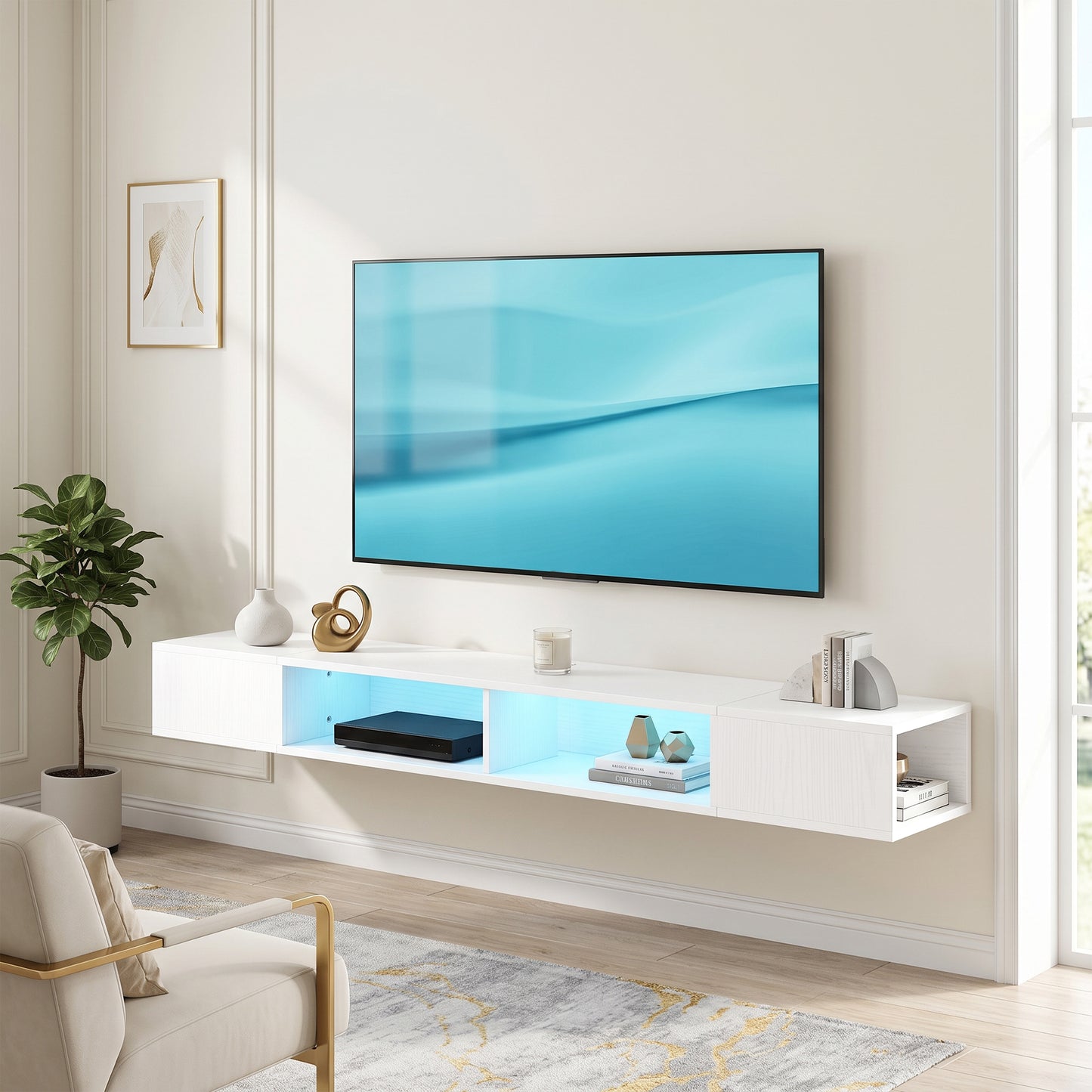 TV Stand with RGB LED Lights, Entertainment Center with Open Shelves for 75 Inch TV, White
