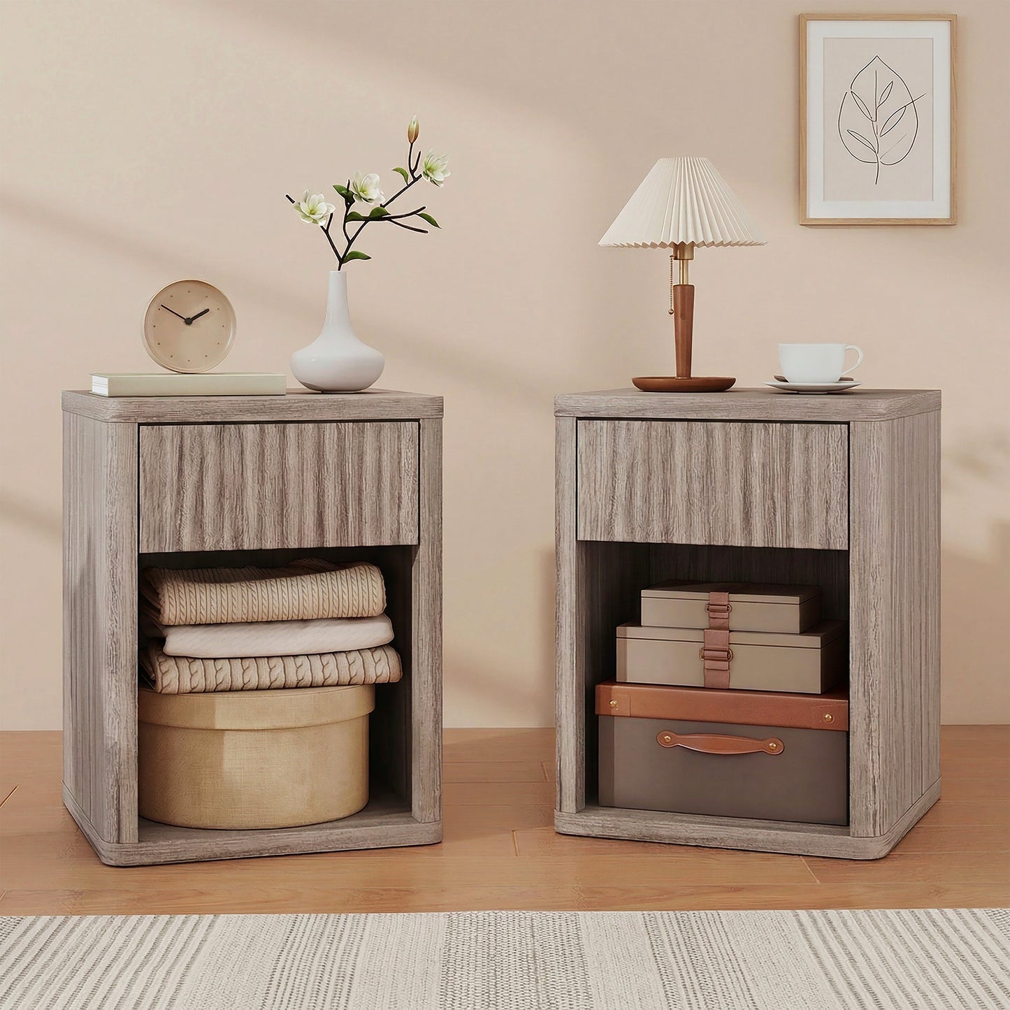 Nightstand with Drawer and Open Shelf, Modern Bedside Table Set of 2 for Bedroom Living Room, Grey