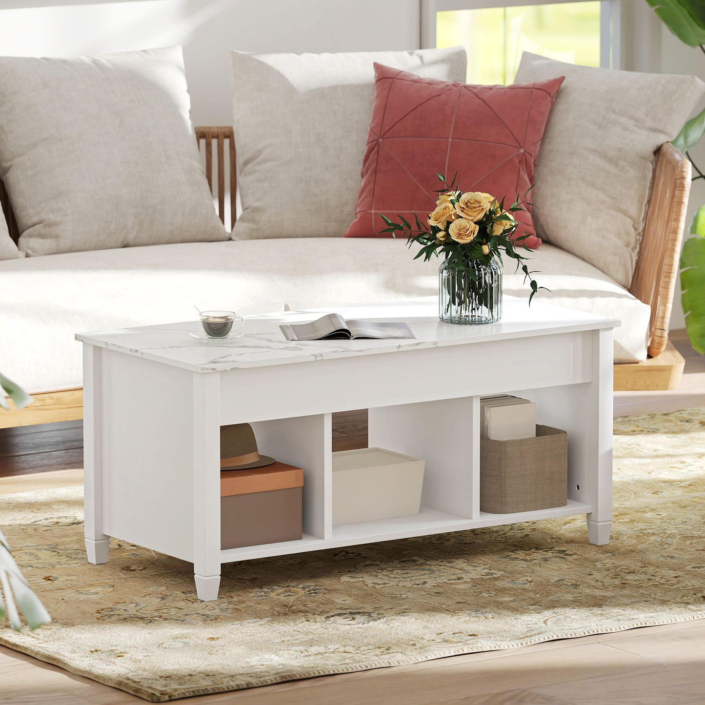 Lift Top Coffee Table, Modern Center Table with Storage Shelves and Hidden Compartment for Living Room, 41" L, White