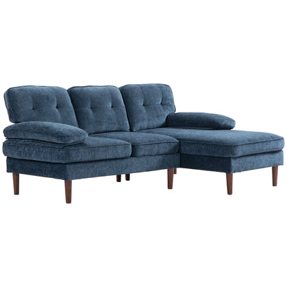 Modern Corner Couch with Right Chaise Lounge, Tufted 3-Seater Sofa with Wooden Legs for Living Room - Navy Blue