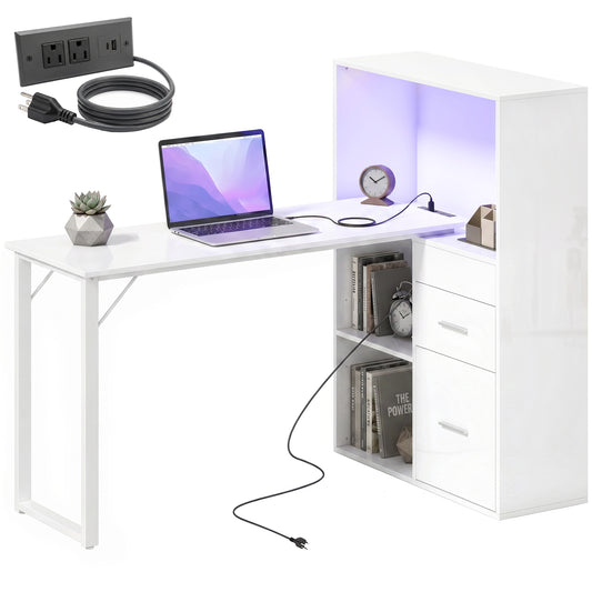 54" Computer Desk with Drawers and LED Lights - White