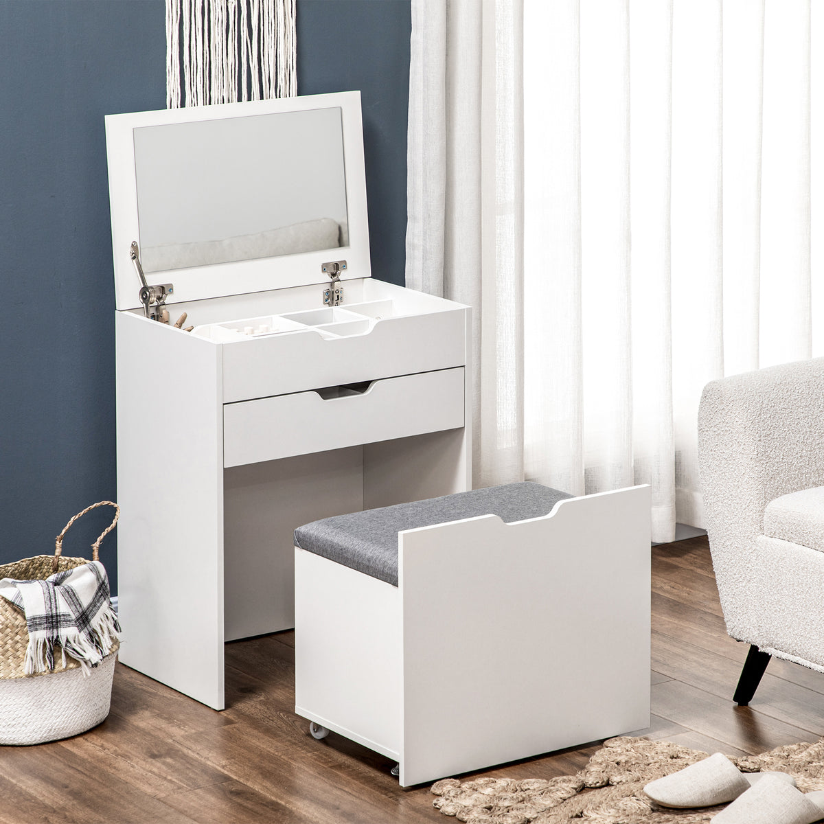 Vanity Set with Flip Top Mirror, Makeup Vanity Desk with Stool, Dressing Table with Drawer and 7 Compartments, White