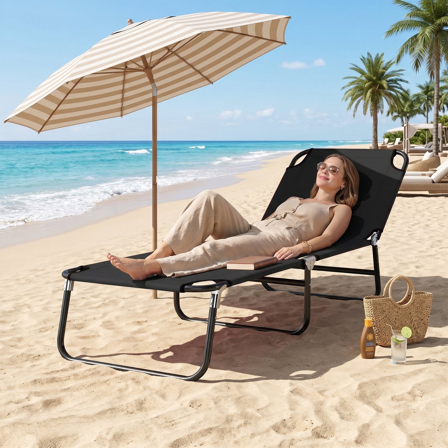 Outdoor Folding Lounge Chair, Steel Tanning Chair with Reclining Back, Breathable Mesh for Beach, Yard, Patio, Black