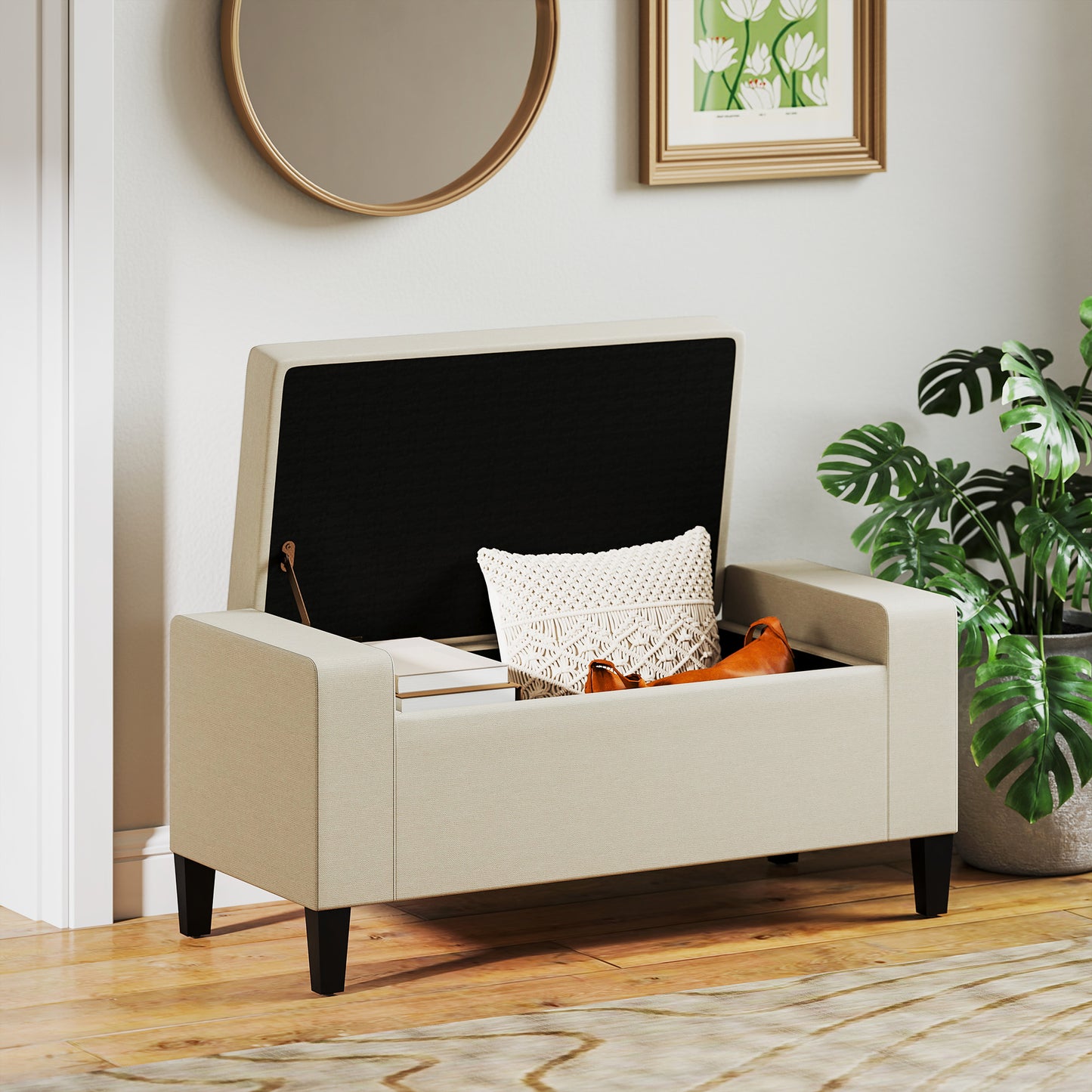 36" Storage Ottoman Bench, Linen-Look Fabric End of Bed Bench with Solid Wood Frame and Legs, Tufted Storage Chest, Footrest for Living Room, Bedroom, Entryway, Beige