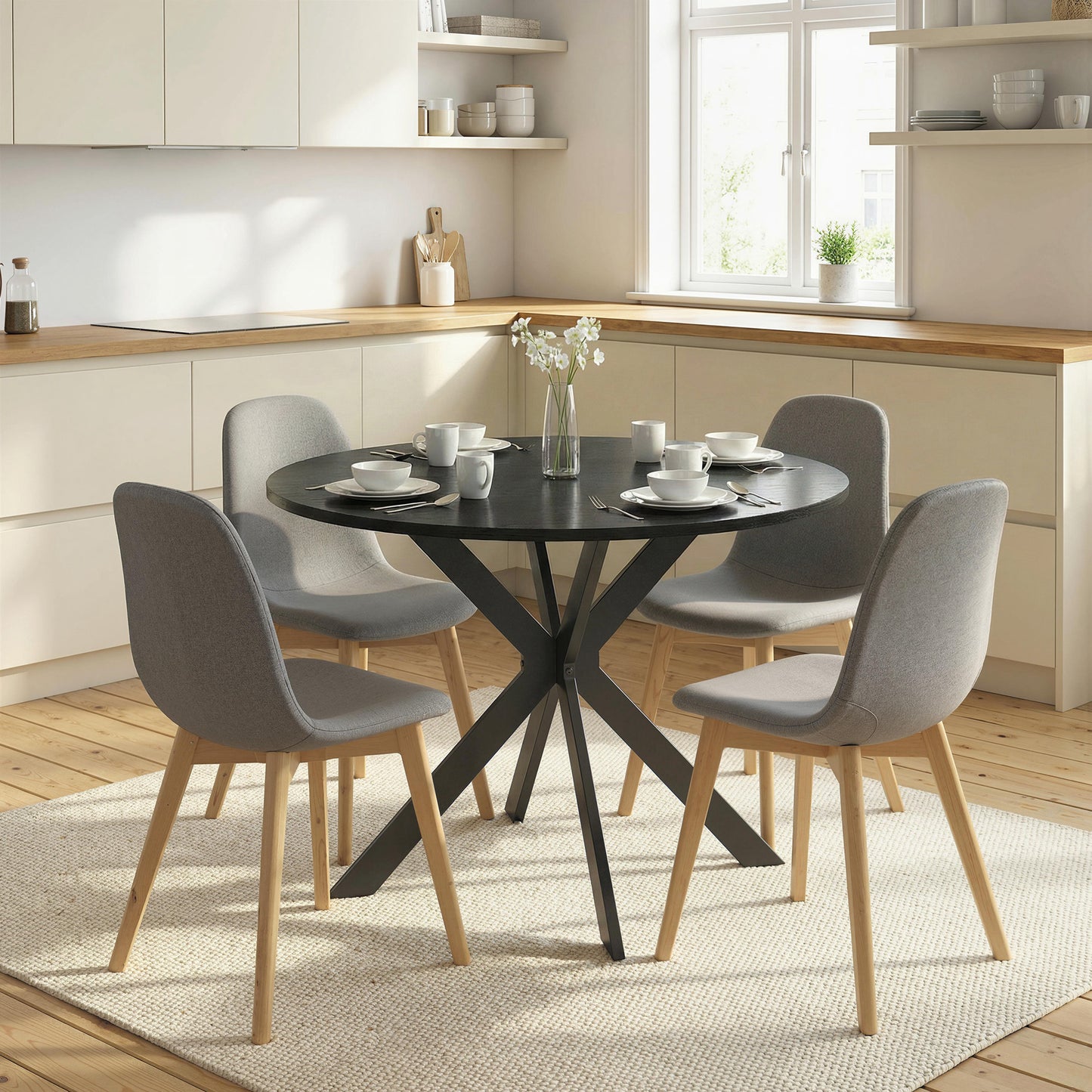 39" Dining Table, Contemporary Round Kitchen Table with Steel Legs, Black Wood Grain