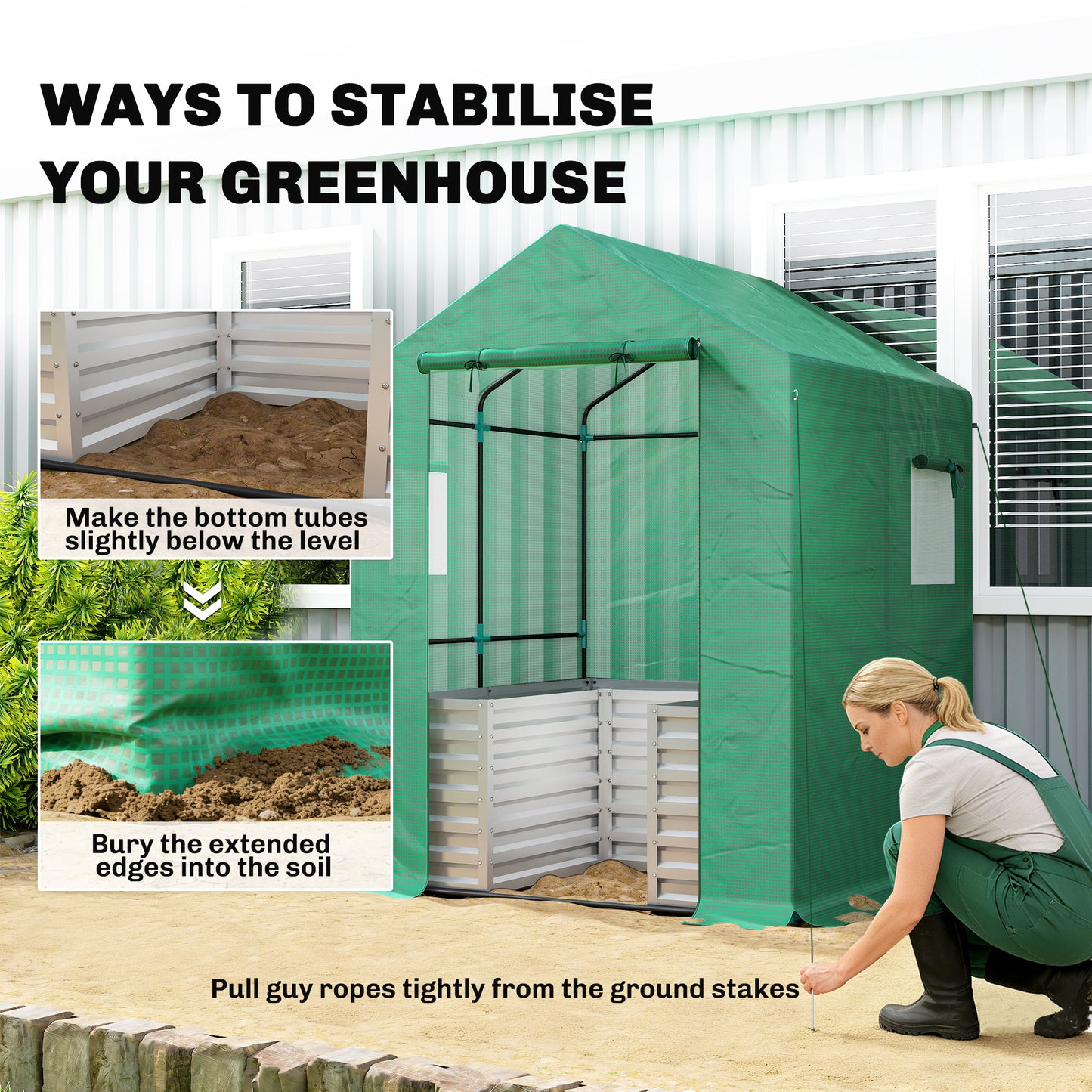 Greenhouse with Raised Garden Bed, Galvanized Metal Planter Box with PE Cover, Roll Up Door, 56" x 56" x 75", Green