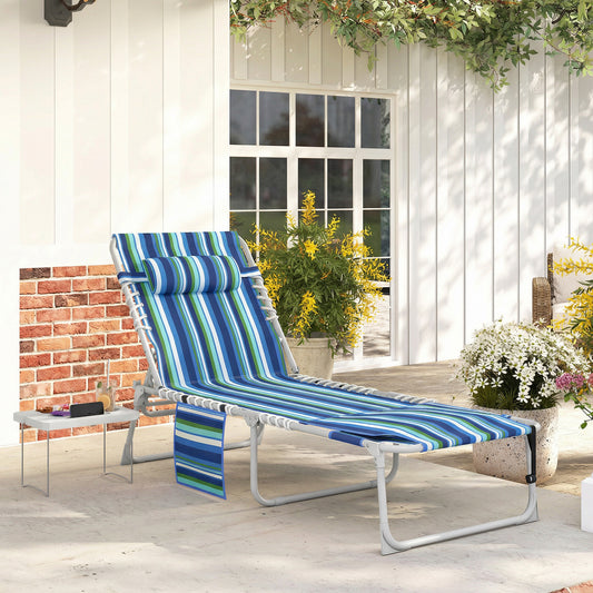 Tanning Chair with Face Hole and Side Table, Folding Outdoor Lounge Chair with Carry Straps, Side Pocket, Blue Stripe