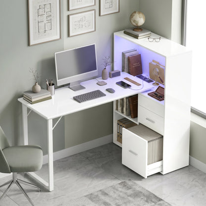 54" Computer Desk with Drawers and LED Lights - White