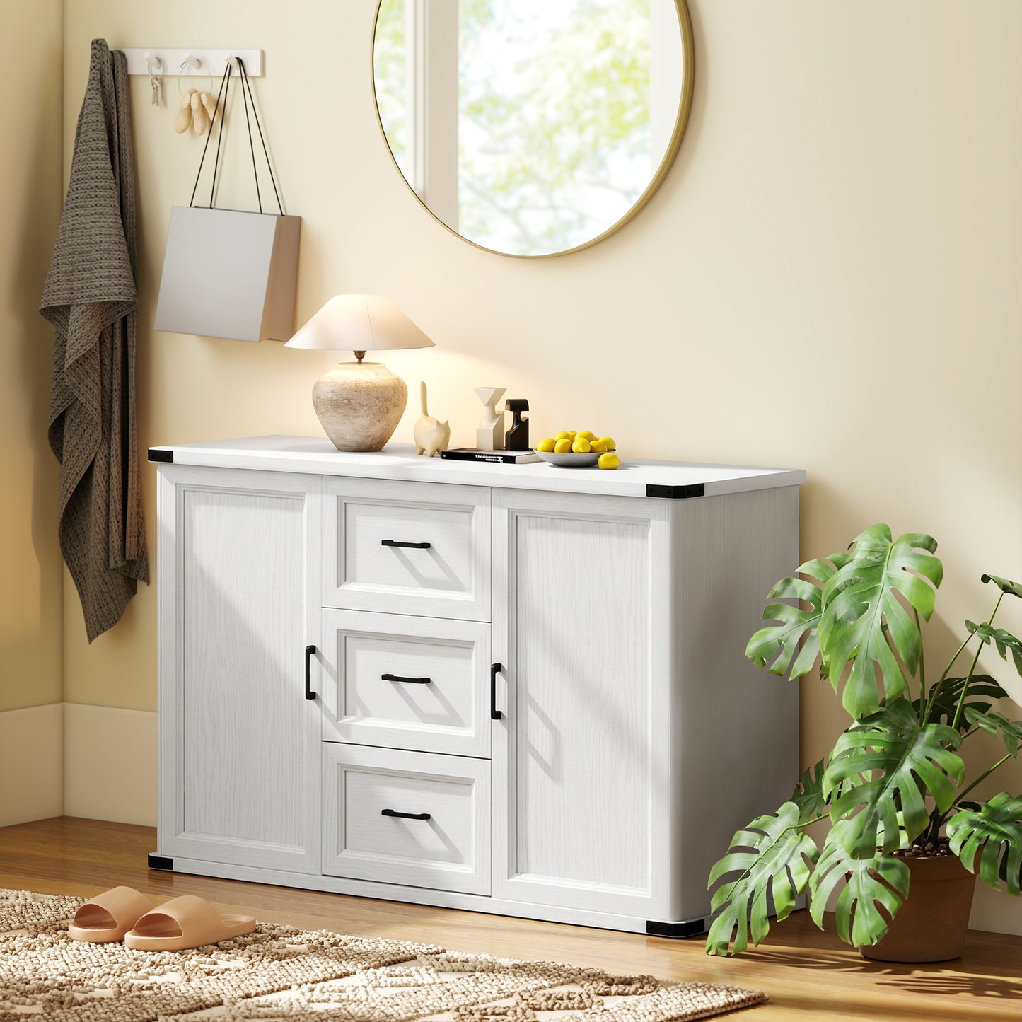 Sideboard with 3 Drawers and 2 Doors, 47" Buffet Cabinet with Adjustable Shelves for Kitchen, White Wood Grain