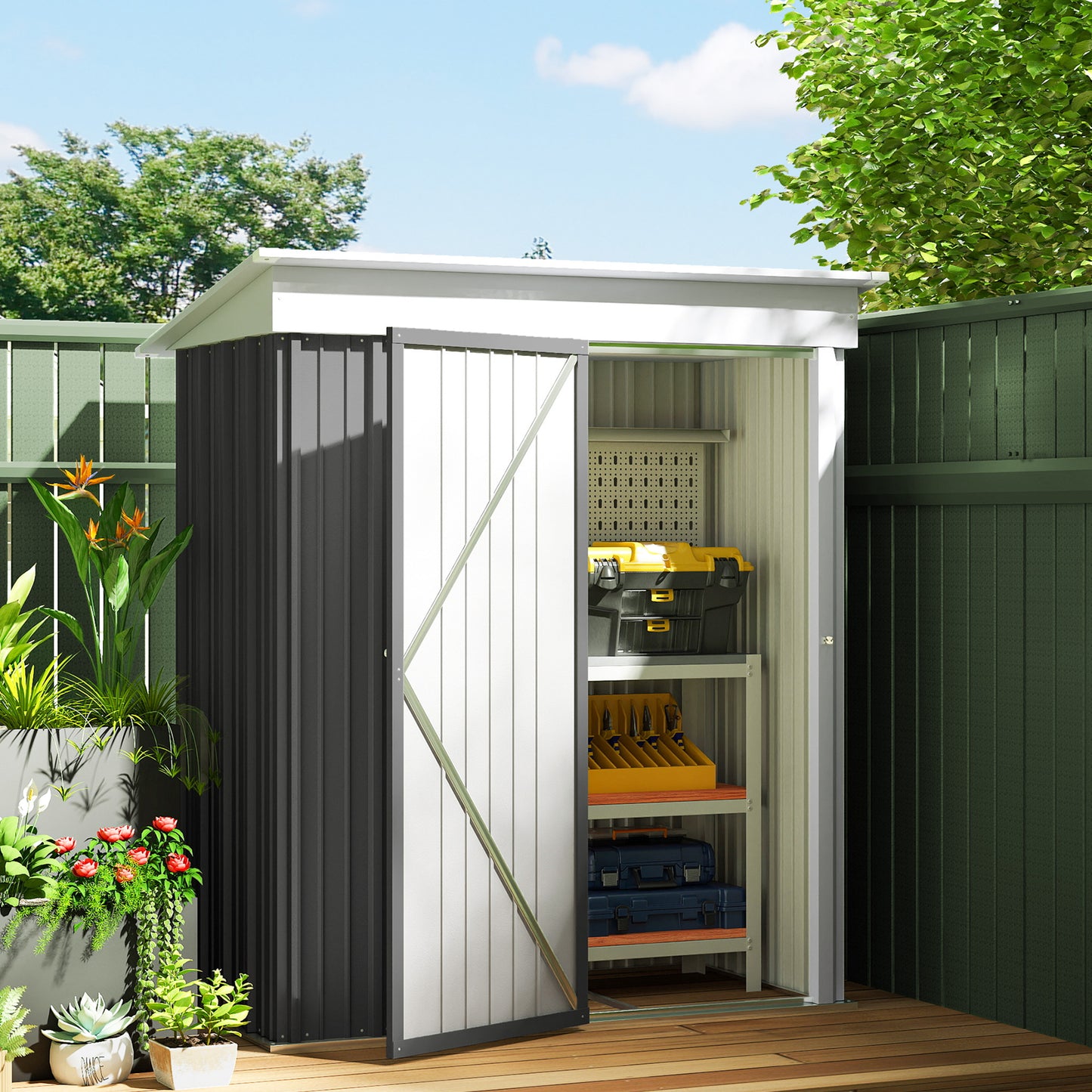 Outdoor Storage Shed, Steel Lean-to Shed with Adjustable Shelf, Lock, Gloves, 5'x3'x6', Dark Grey