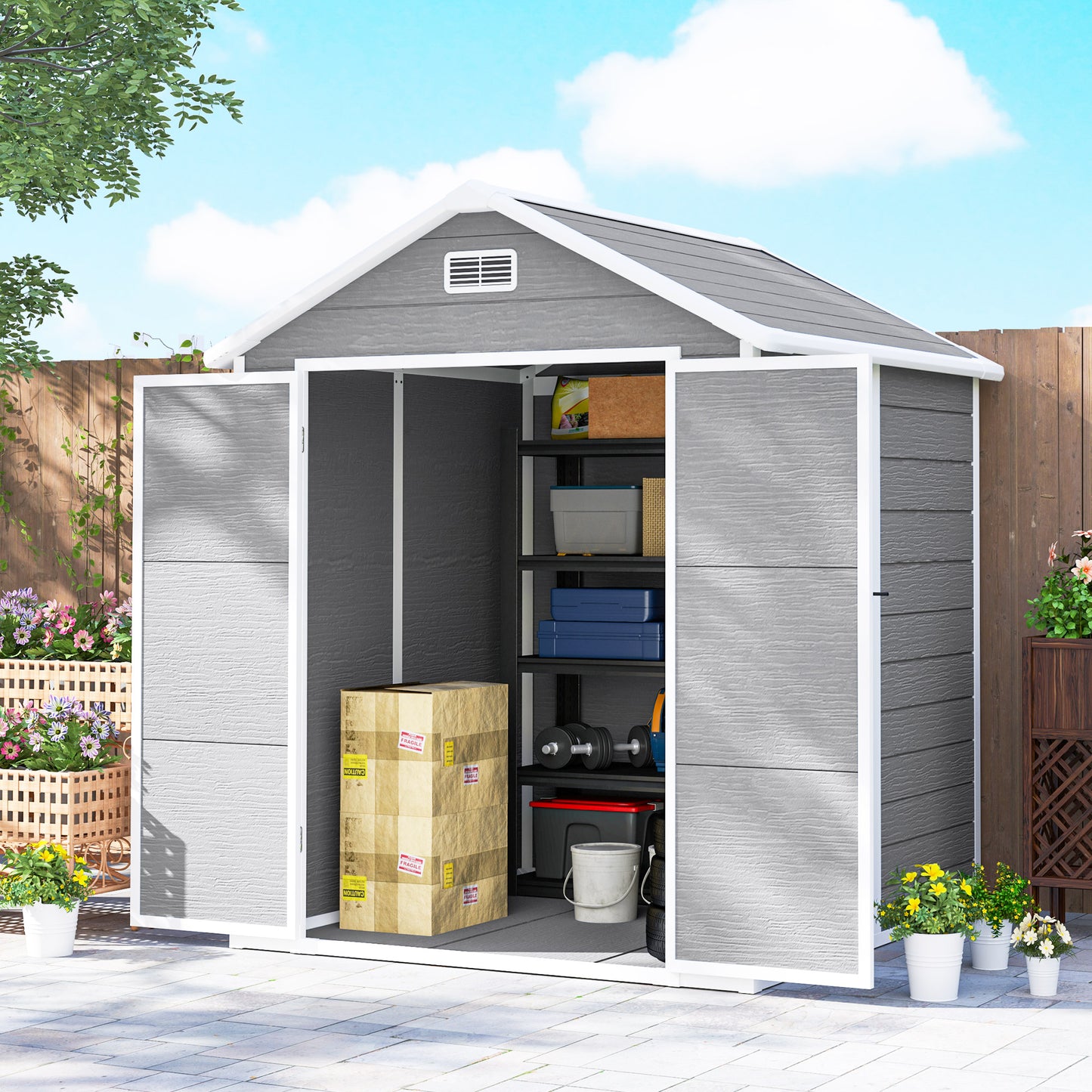 6x5 Plastic Garden Storage Shed with Floor Window Lockable Doors and Vents Outdoor Wood Effect Grey