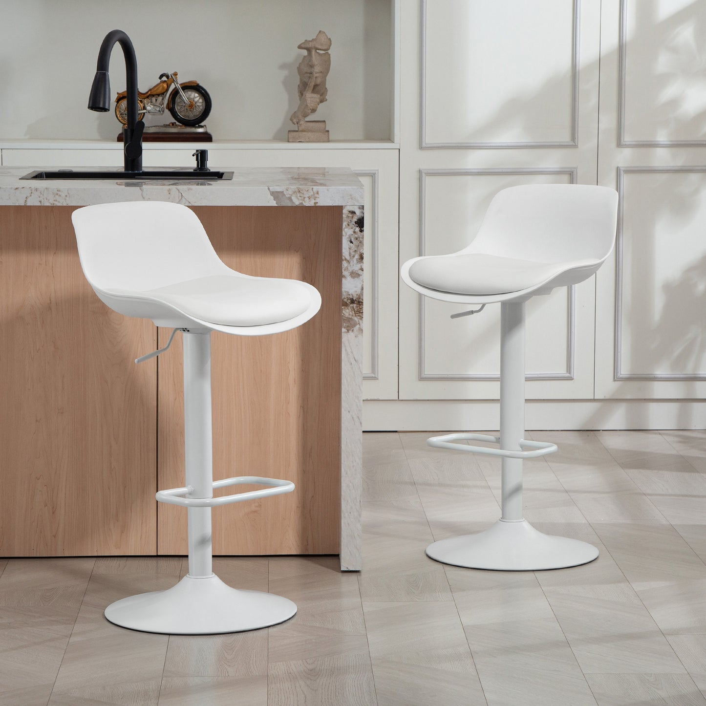 Counter Height Bar Stools Set of 2, Streamlined Bar Chairs with Adjustable Height and Swivel PU Leather Seat, White