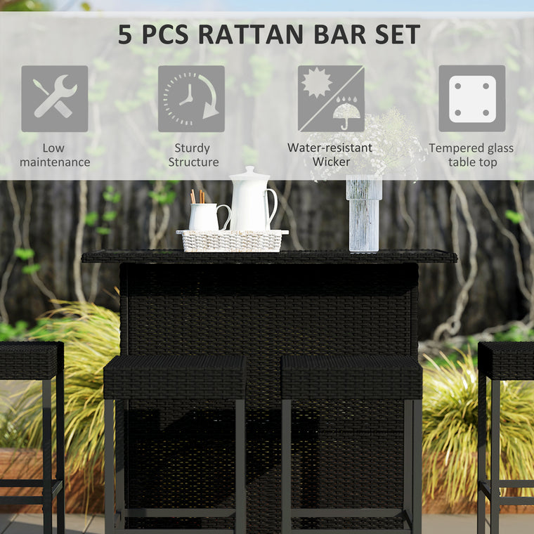 5-Piece PE Rattan Bar Set with Glass Top Table - Black
