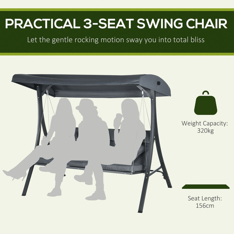 3-Person Porch Swing with Adjustable Canopy and Cushioned Seat