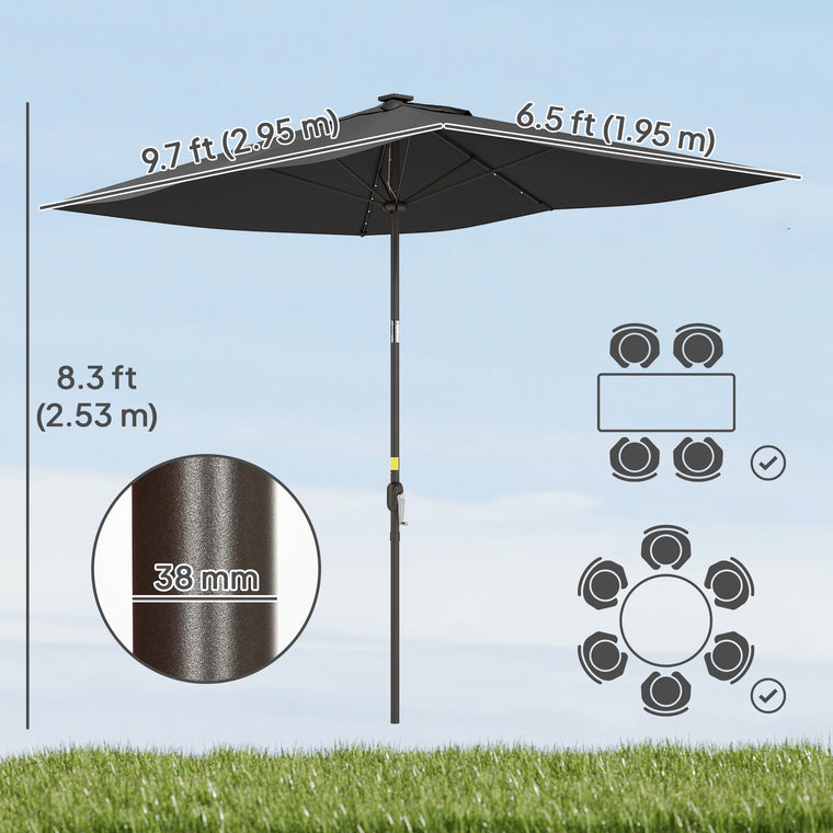 6.5' x 10' Black Rectangular Patio Umbrella with Tilt & LEDs