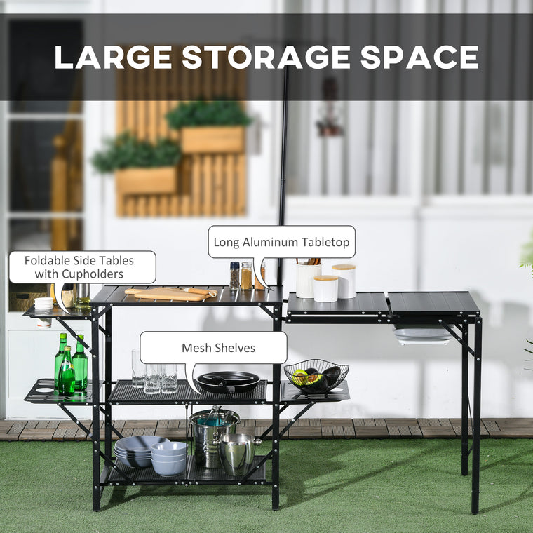 Black Folding Aluminum Camping Kitchen with 3 Side Tables