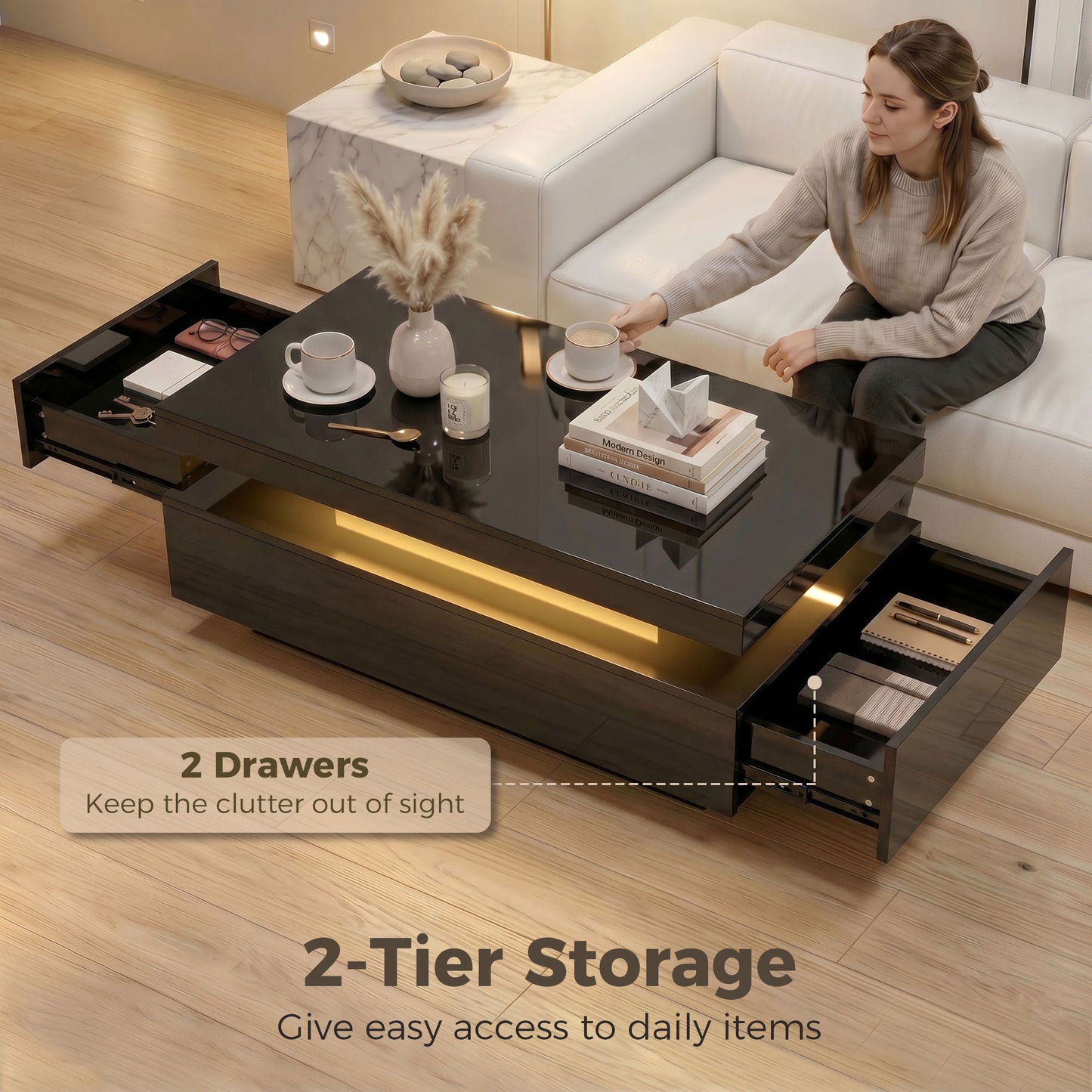 LED Coffee Table with Storage, 2-Tier Modern Center Table with 2 Drawers for Living Room, High Gloss Black
