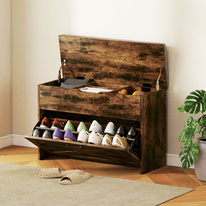 Shoe Storage Bench with Flip Drawer and Lift Top