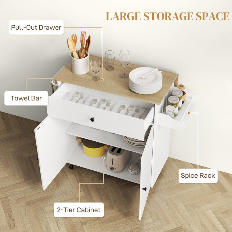 Rolling Kitchen Island with Drop Leaf and Drawer - White