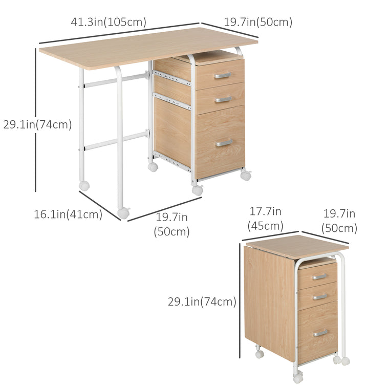 Foldable Computer Desk with Drawers and Wheels - Natural