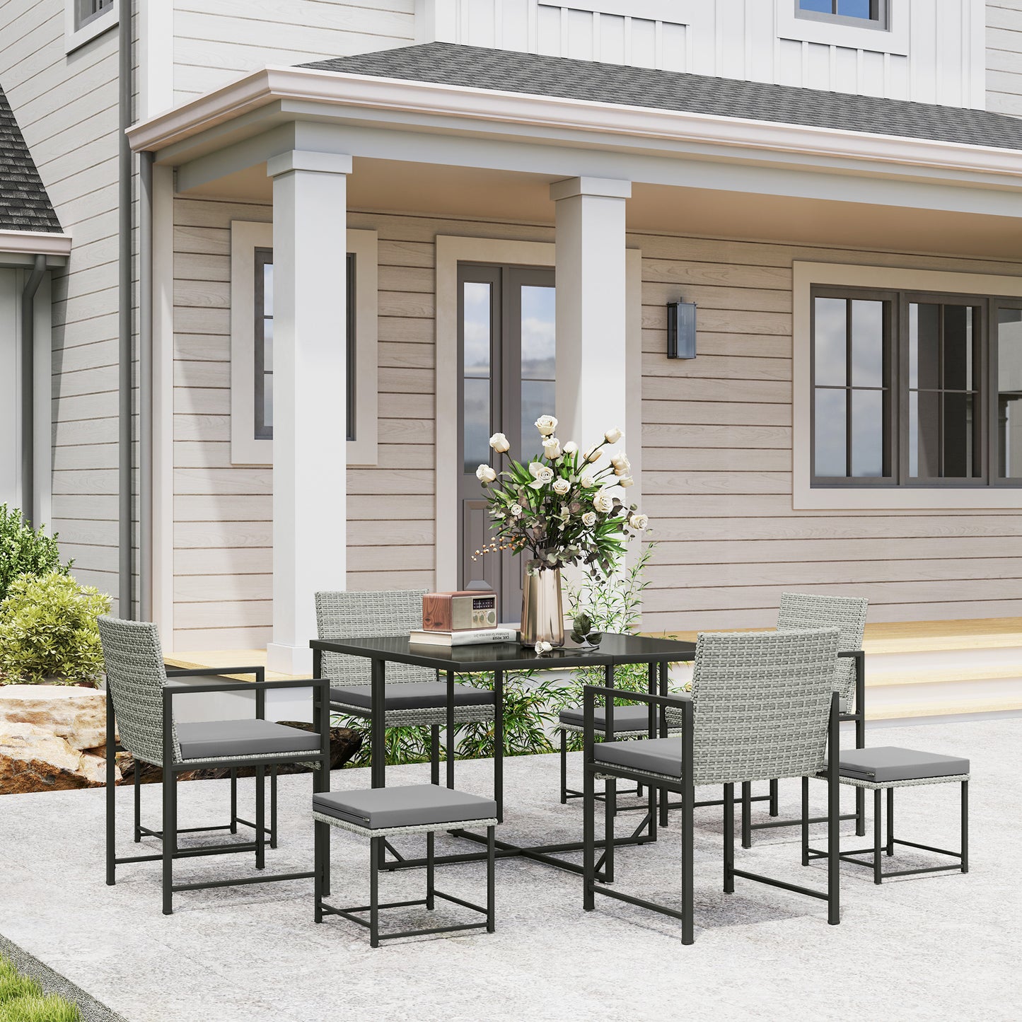 9 Pieces Wicker Patio Dining Set with 4 Armchairs, 4 Stools, Tempered Glass Top, Removable Cushions, Light Grey