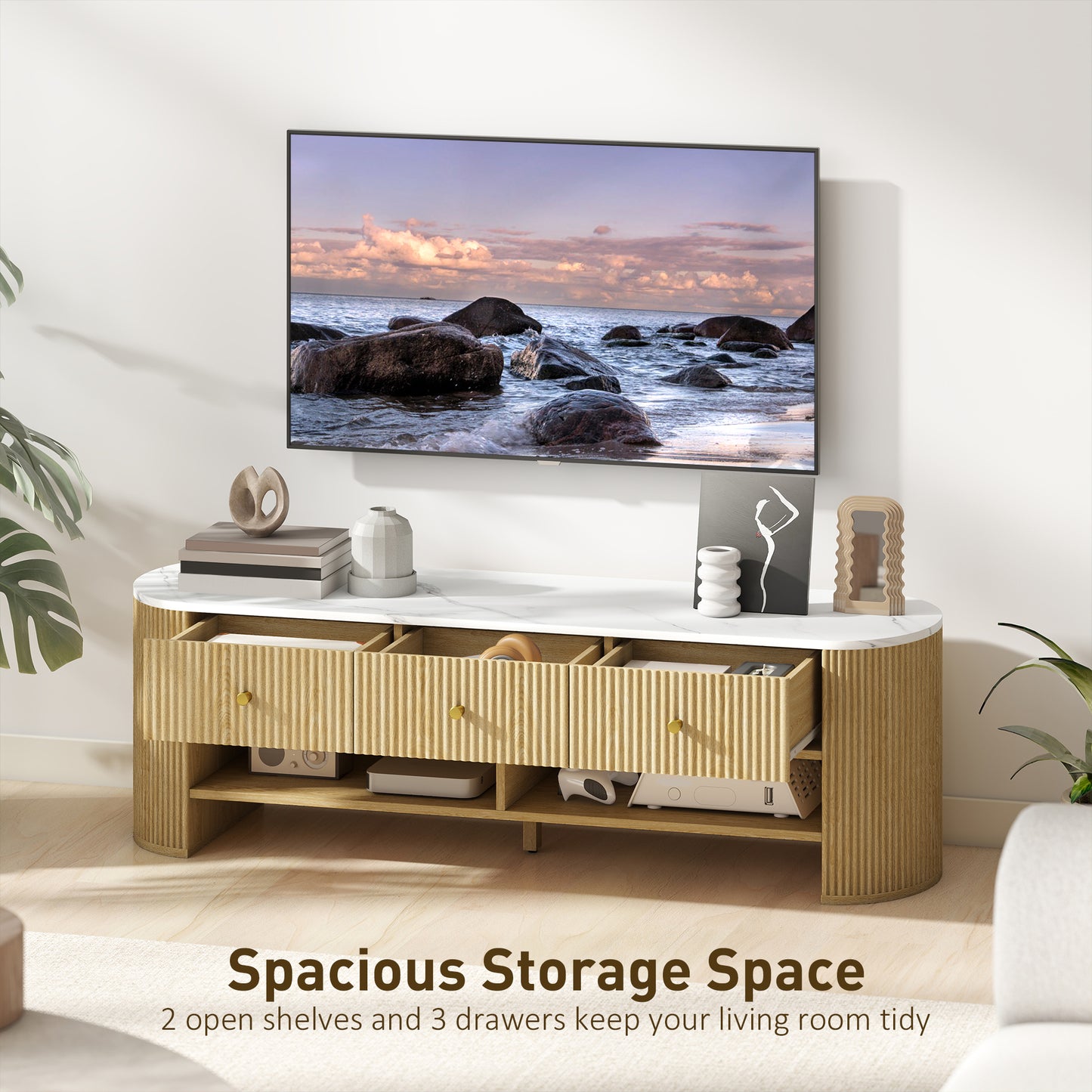 TV Stand, Modern TV Table with Marble-Effect Top, 3 Drawers and 2 Open Shelves for 32-65 Inch Television, Natural