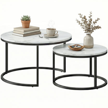 Nesting Coffee Table Set of 2 with Metal Base - Marble White