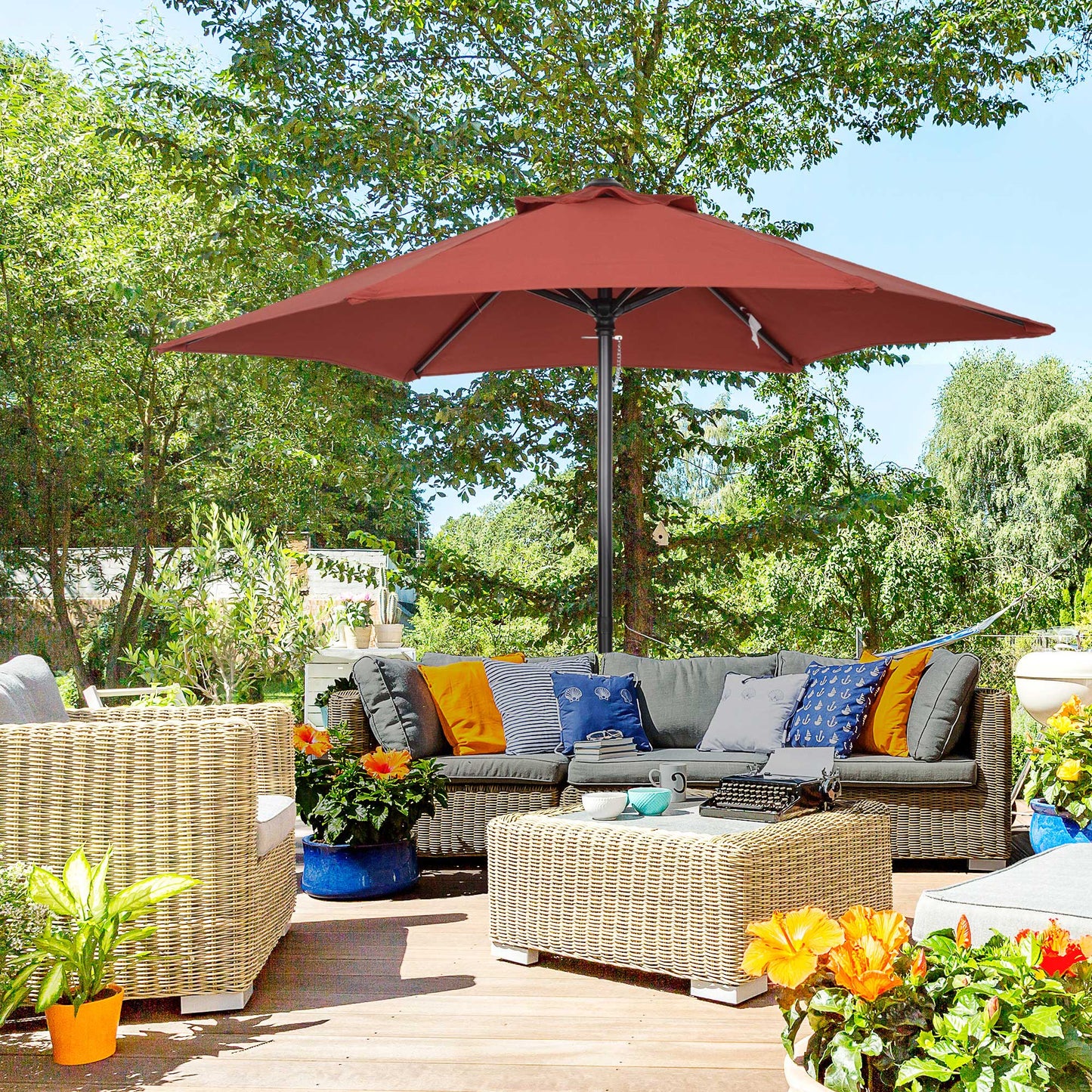 6.6FT Patio Umbrella, Outdoor Parasol with 6 Solid Ribs, Wine Red
