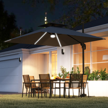 8' Dark Grey Cantilever Umbrella with LED Lights & 360° Rotation