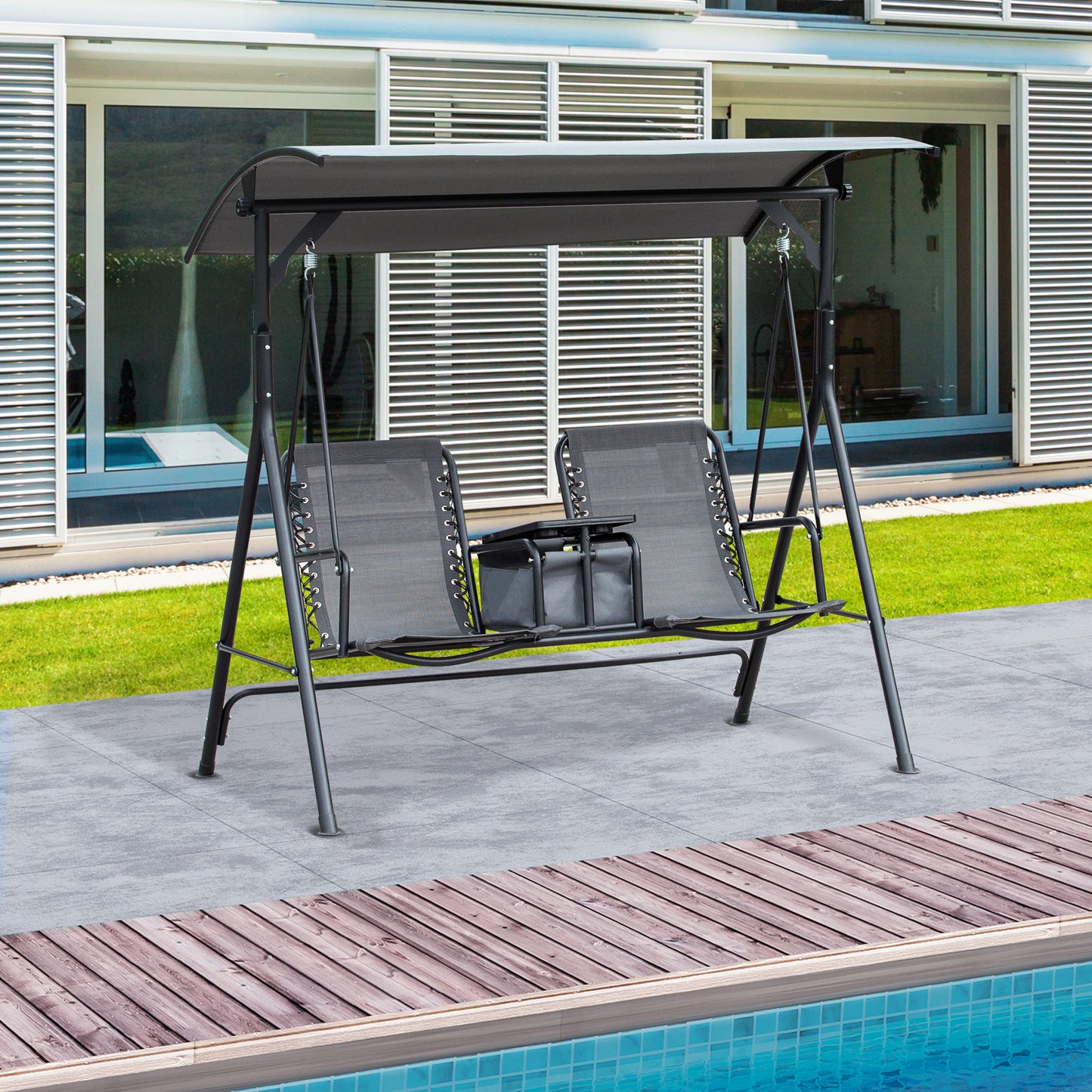2 Person Covered Porch Swing Patio Swing with Pivot Storage Table, Cup Holder, & Adjustable Overhead Canopy, Black