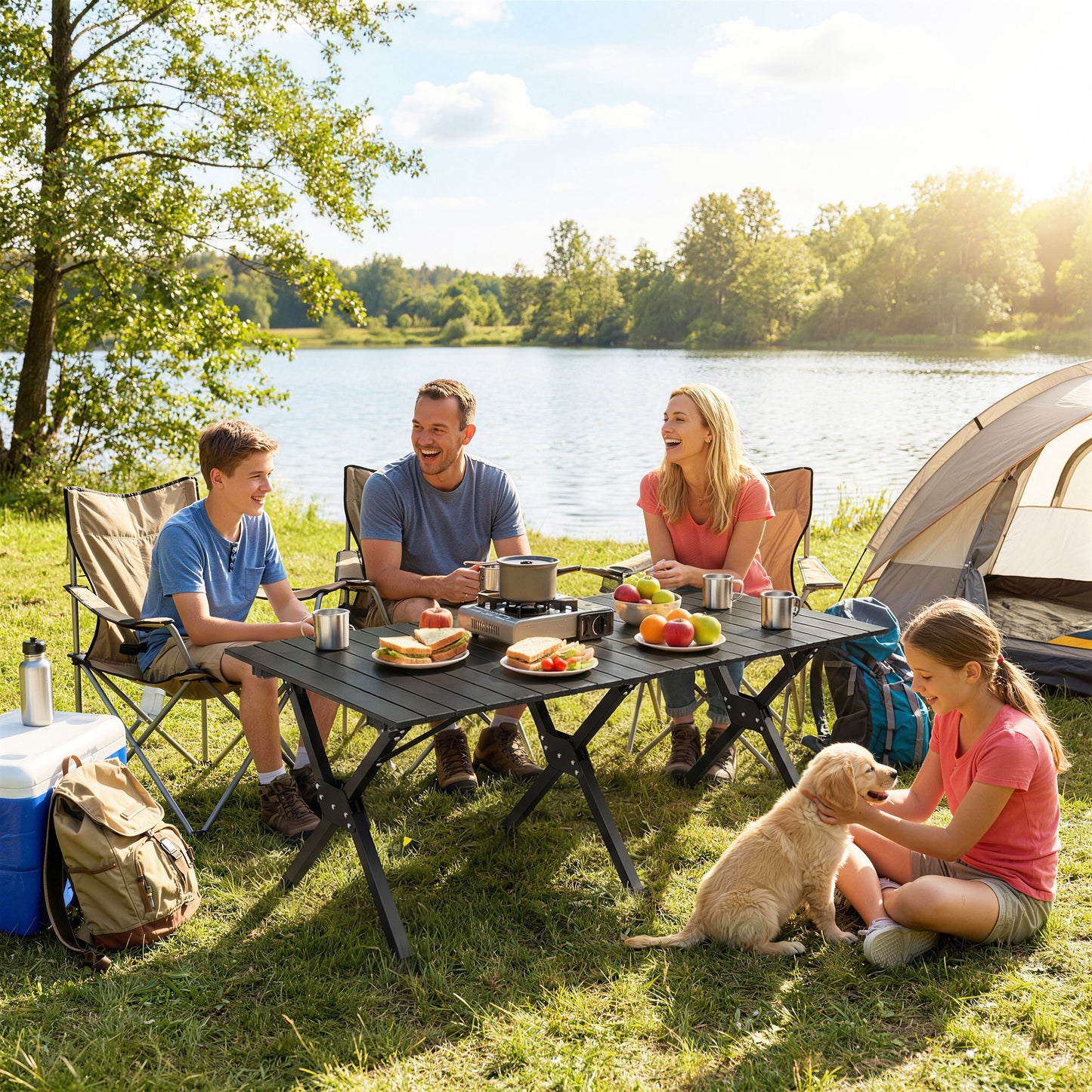 4ft Folding Camping Table, Waterproof Picnic Table with Roll Up Top and Metal Frame, Black