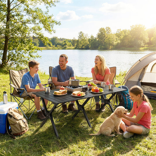 4ft Folding Camping Table, Waterproof Picnic Table with Roll Up Top and Metal Frame, Black