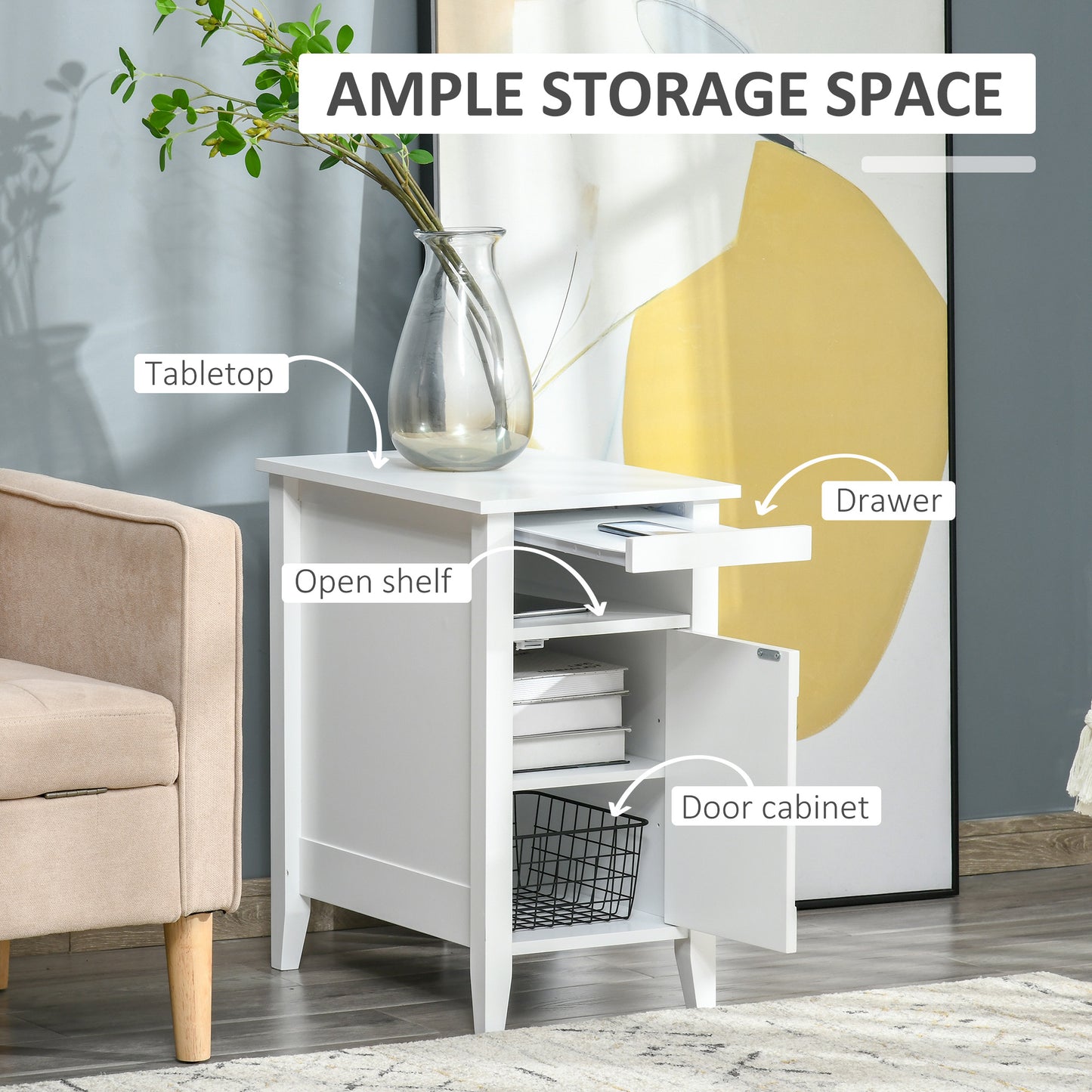 Wooden 3-Tier Modern Nightstand with Pullout Shelf, Adjustable Open Shelf, and Door Cabinet, White