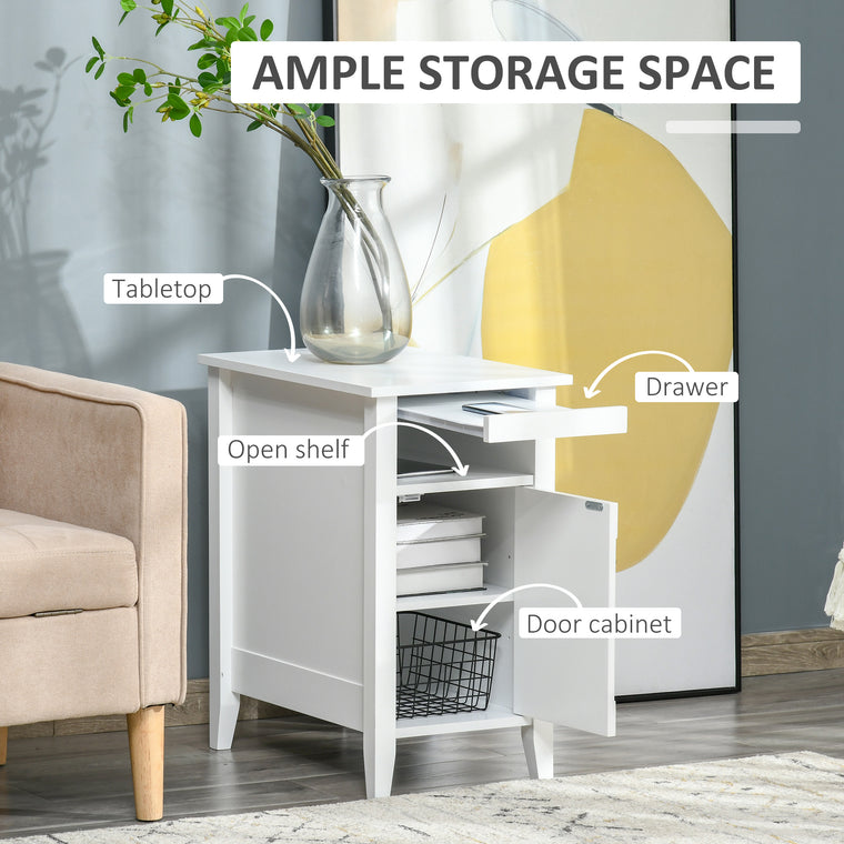 3-Tier Nightstand with Pullout Shelf and Cabinet - White