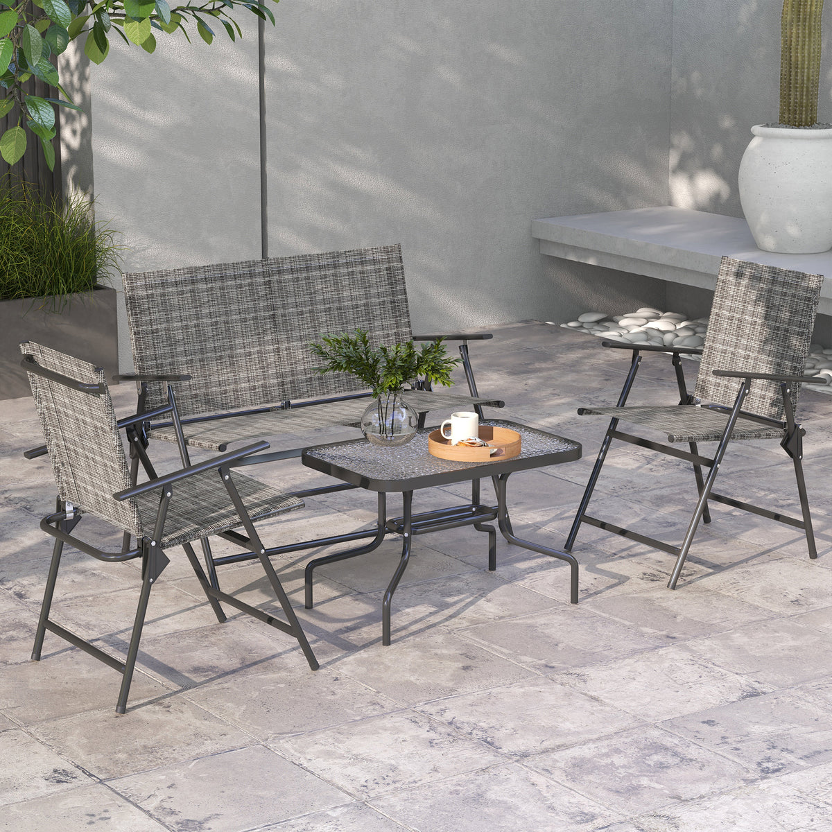 Outdoor 4 Pieces Patio Furniture Set, Garden Set with Two Foldable Armchairs, a Loveseat & Glass Top Table, Mixed Grey