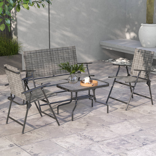 Outdoor 4 Pieces Patio Furniture Set, Garden Set with Two Foldable Armchairs, a Loveseat & Glass Top Table, Mixed Grey - Grey