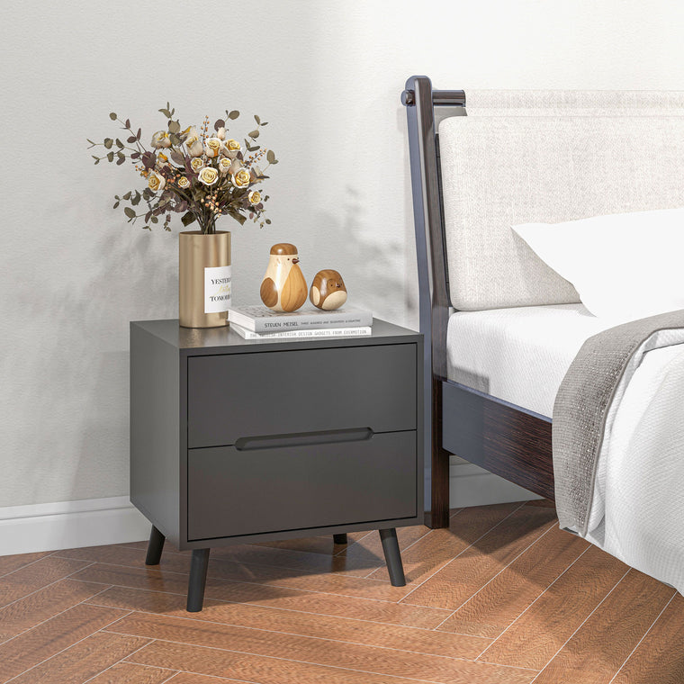 2-Drawer Nightstand with Solid Wood Legs - Black