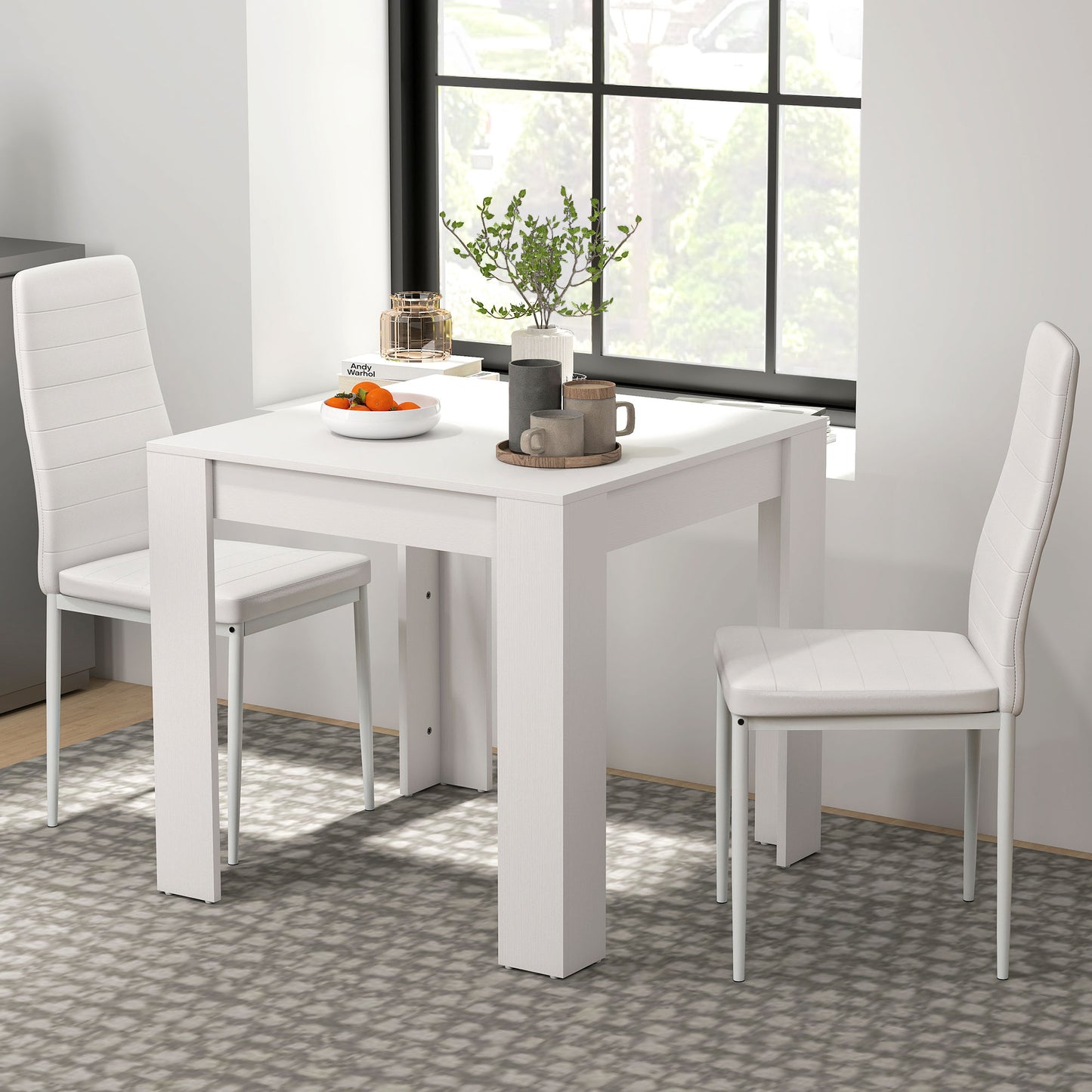 Dining Table Set for 2, Square Kitchen Table and Chairs, Dining Room Table and PU Leather Upholstered Chairs, White