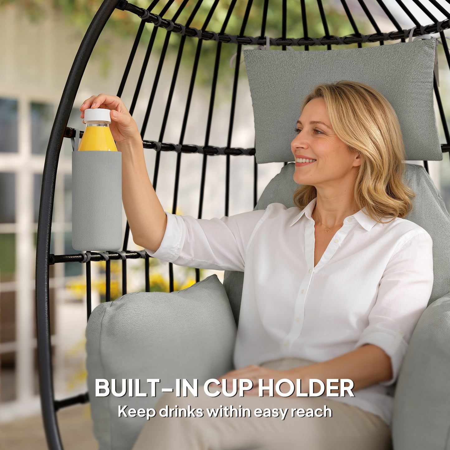 Hanging Egg Chair Without Stand, Foldable Basket Swing Chair with Head Pillow, Soft Cushion and Cup Holder, Dark Grey