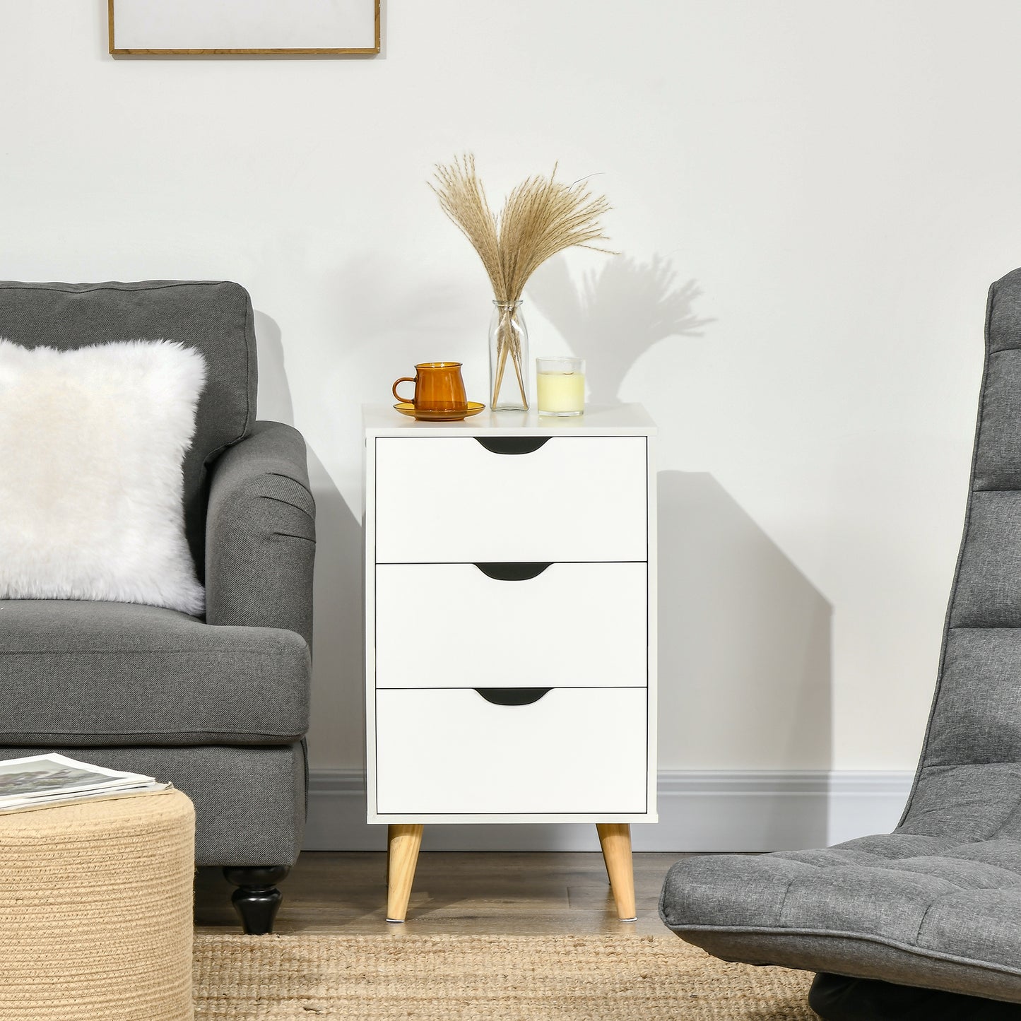 Bedside Table, Modern Nightstand with 3 Drawers, Side End Table with Wood Legs for Living Room, Bedroom, White