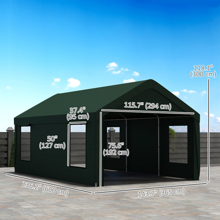 12' x 20' Dark Green Carport with Roll-Up Doors & Windows