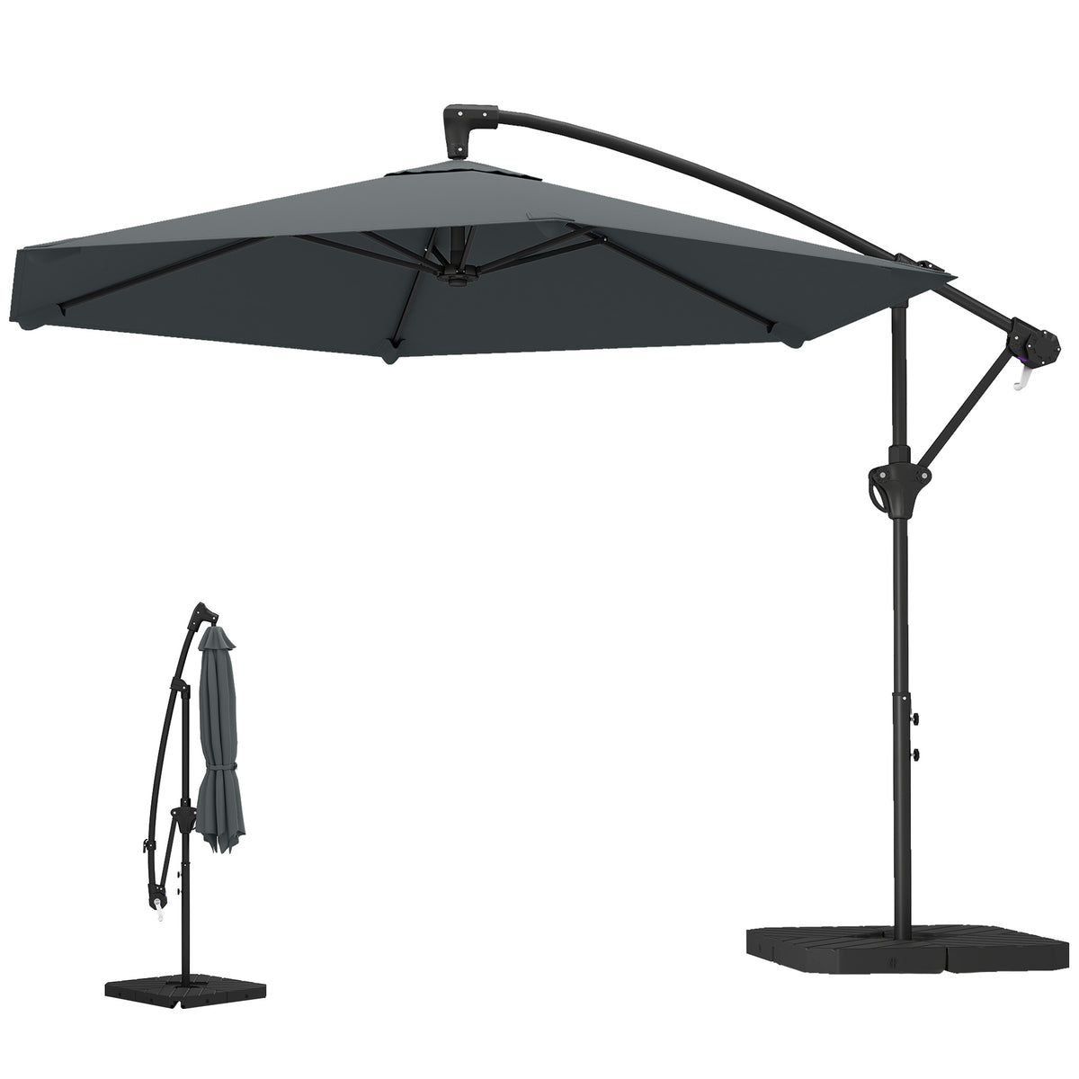9.7 ft Offset Patio Umbrella with Water/Sand Fillable Weights, Garden Hanging Parasol with Locking Latch, Dark Grey