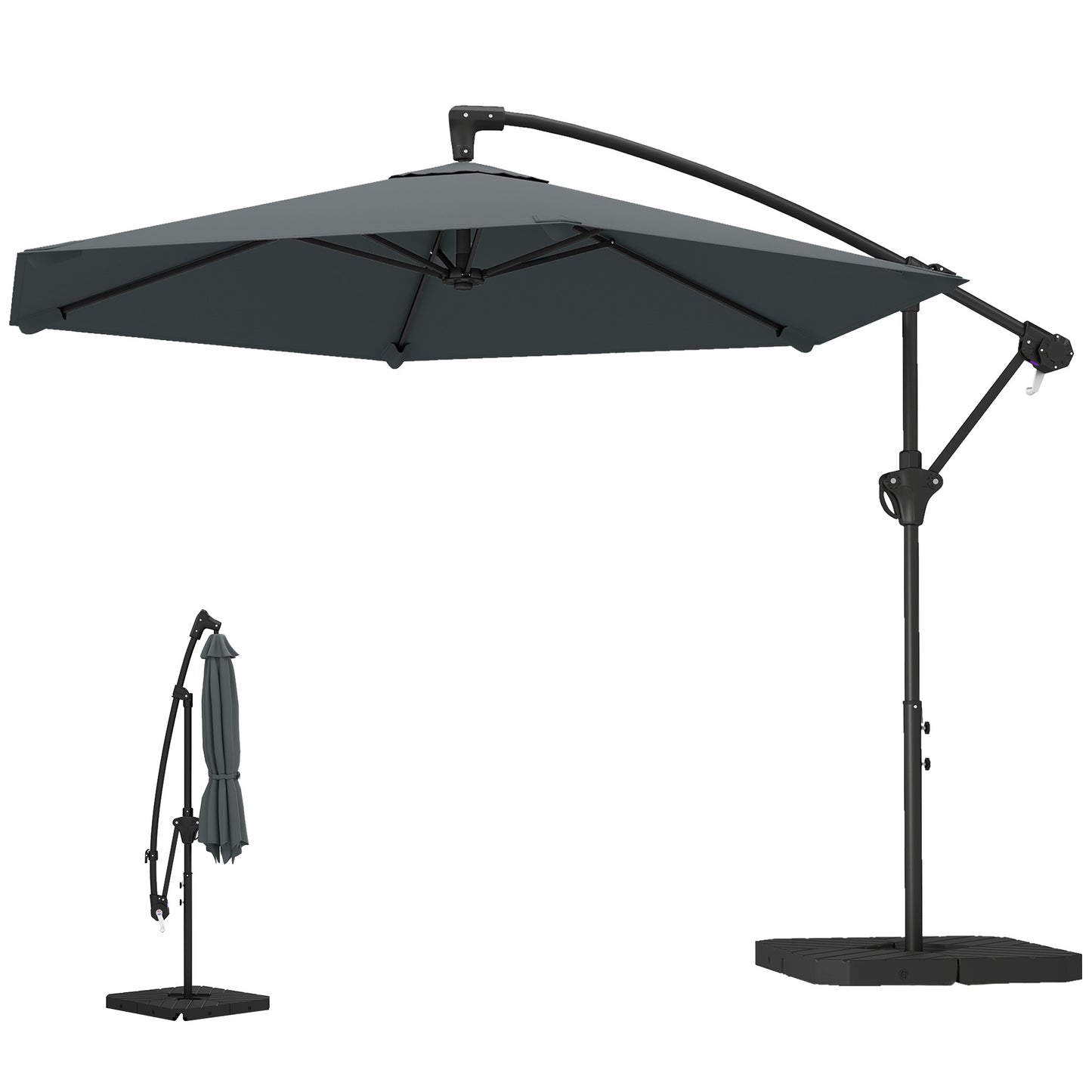 9.7 ft Offset Patio Umbrella with Water/Sand Fillable Weights, Garden Hanging Parasol with Locking Latch, Dark Grey
