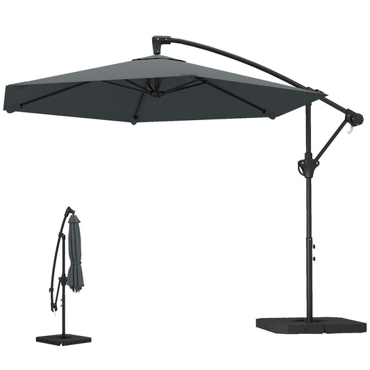 9.7 ft Offset Patio Umbrella with Water/Sand Fillable Weights, Garden Hanging Parasol with Locking Latch, Dark Grey