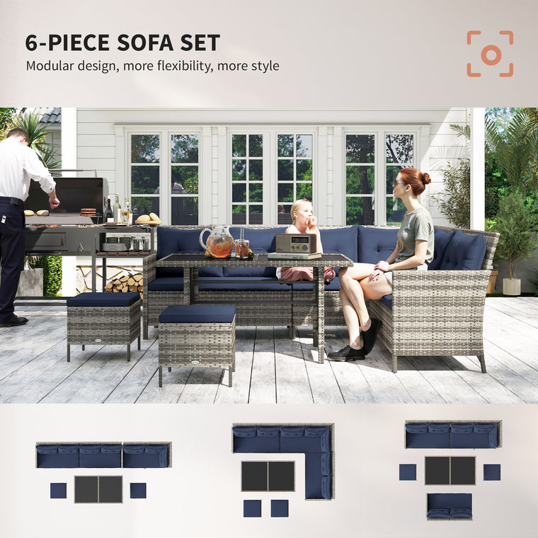 Deep Blue 6-Piece Rattan Sofa Set with Dining Table