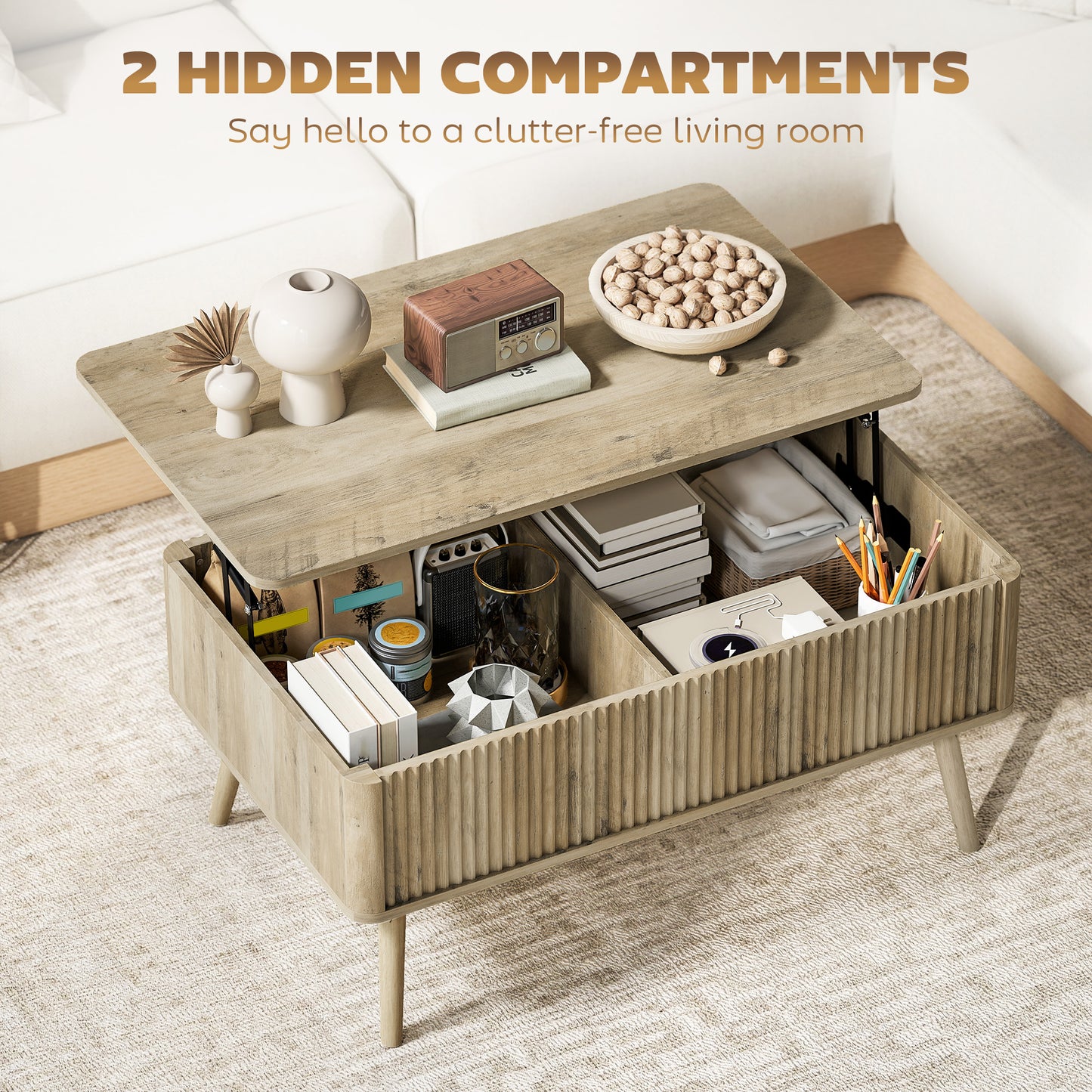 Lift Top Coffee Table with Storage, Center Table with Hidden Compartments and Pine Wood Legs for Living Room, Oak