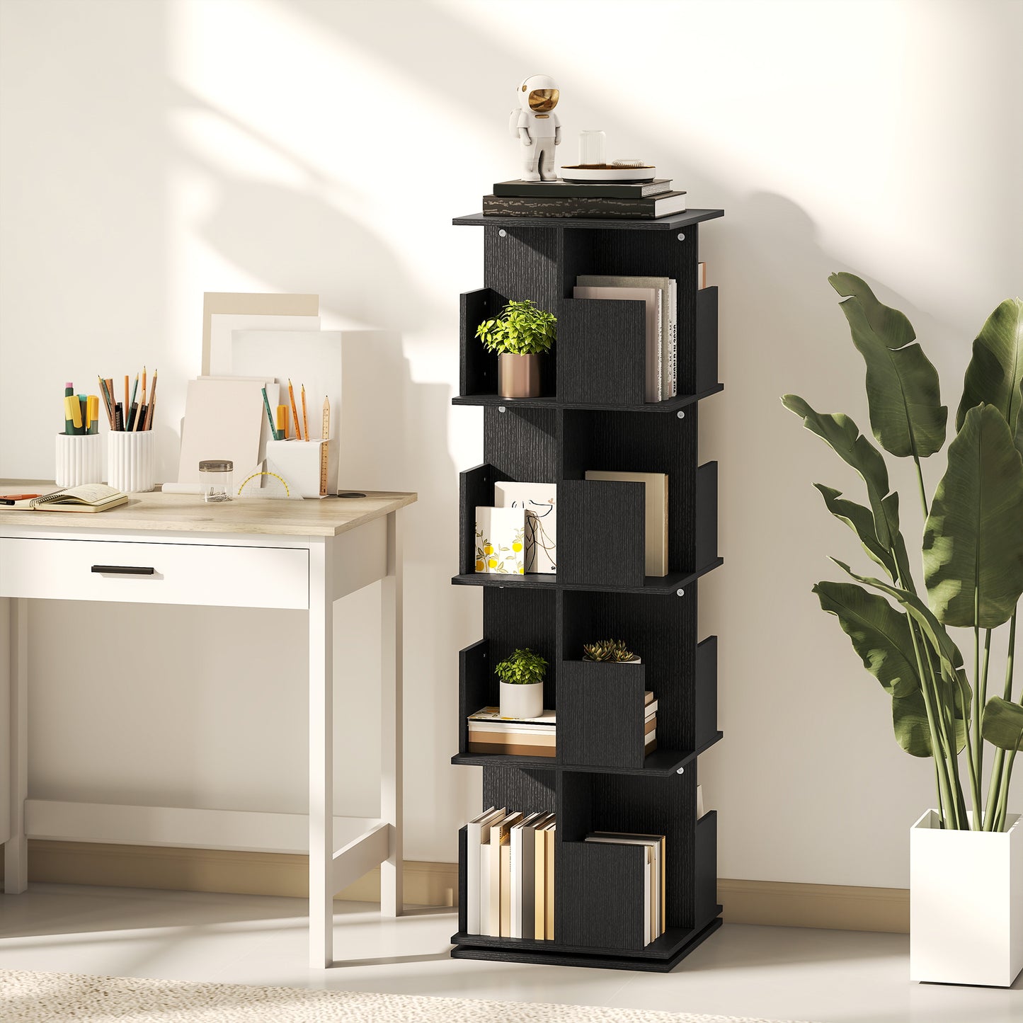 360° Rotating Bookcase with Anti-Tipping Straps and Anti-Slip Foot Pads, 4-Tier Bookshelf with 16 Cubbies, Black