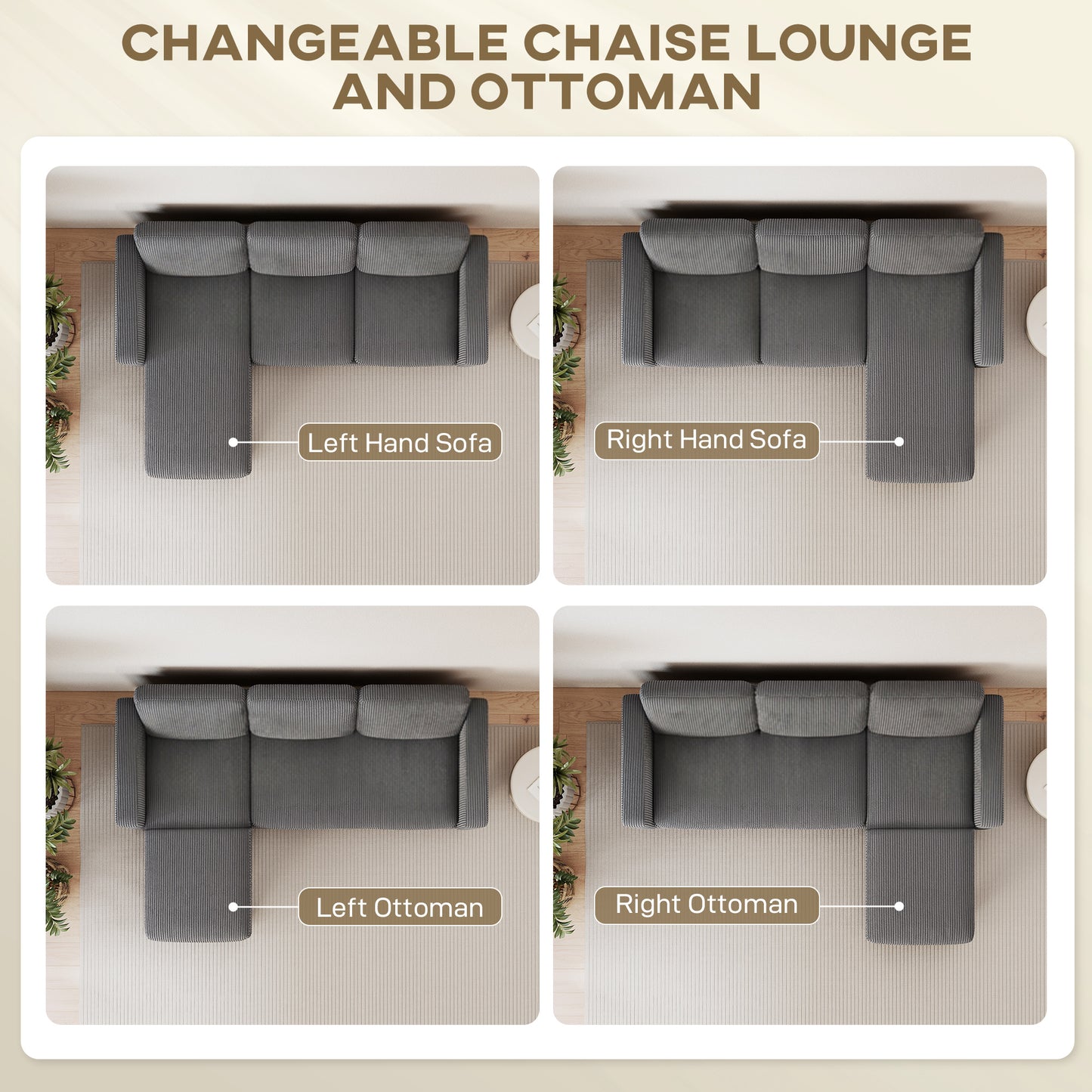 L-Shape Corduroy Sectional Sofa with Reversible Chaise - Dark Grey